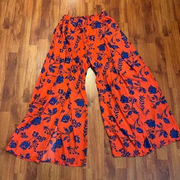 NWOT Shein Palazzo Red/Blue Tropical Flare Pants. Size L - Picture 7 of 7